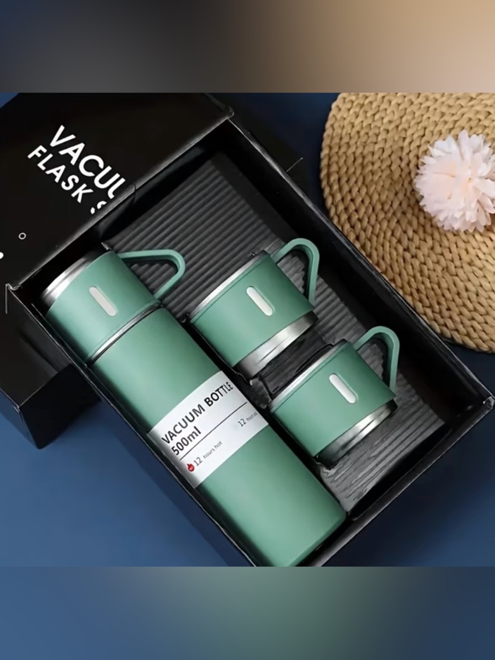 Green Vacuum Bottle and Matching Cups Set